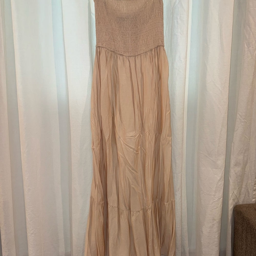 Smocked Bodice Maxi Dress in Beige